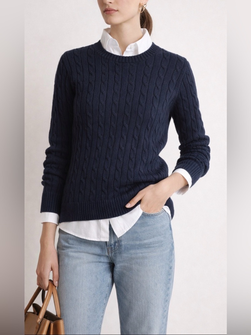 Vintage E-Land Cable Knit Sweater Navy Cotton Preppy XS